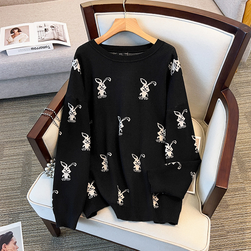 Moteriškas megztinis, viskozės pluoštas, anime raštas, laisvas kirpimas, apvalus kaklo iškirpimas