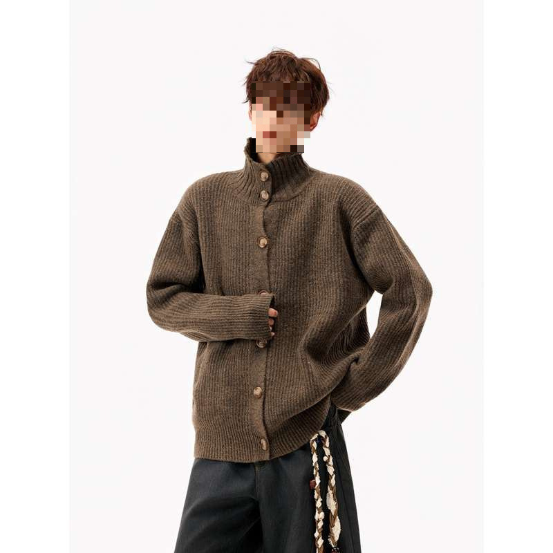 Unisex amerikos stiliaus megztinis kardiganas su mygtukais, aukštas kaklas, gobtuvu, laisvas kirpimas, žakardinė megzti