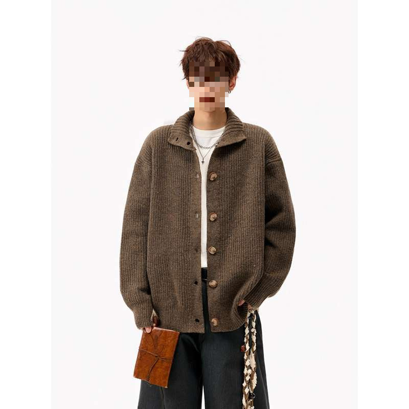 Unisex amerikos stiliaus megztinis kardiganas su mygtukais, aukštas kaklas, gobtuvu, laisvas kirpimas, žakardinė megzti