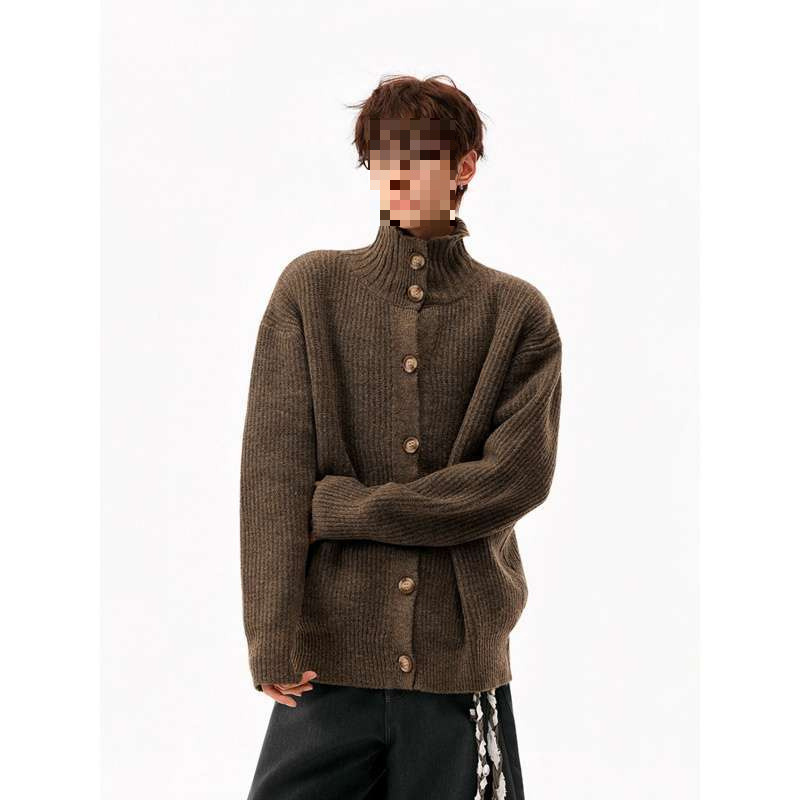 Unisex amerikos stiliaus megztinis kardiganas su mygtukais, aukštas kaklas, gobtuvu, laisvas kirpimas, žakardinė megzti