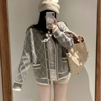 Kviltuotas cardigan su diamantiniu raštu, korėjietiško stiliaus megztinis, akriliniai pluoštai, 95%+ sudėtis