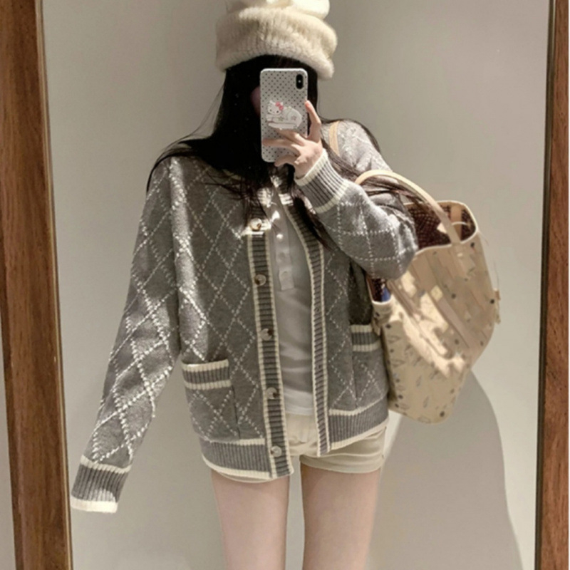 Kviltuotas cardigan su diamantiniu raštu, korėjietiško stiliaus megztinis, akriliniai pluoštai, 95%+ sudėtis