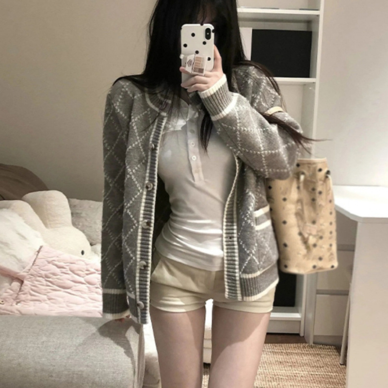 Kviltuotas cardigan su diamantiniu raštu, korėjietiško stiliaus megztinis, akriliniai pluoštai, 95%+ sudėtis