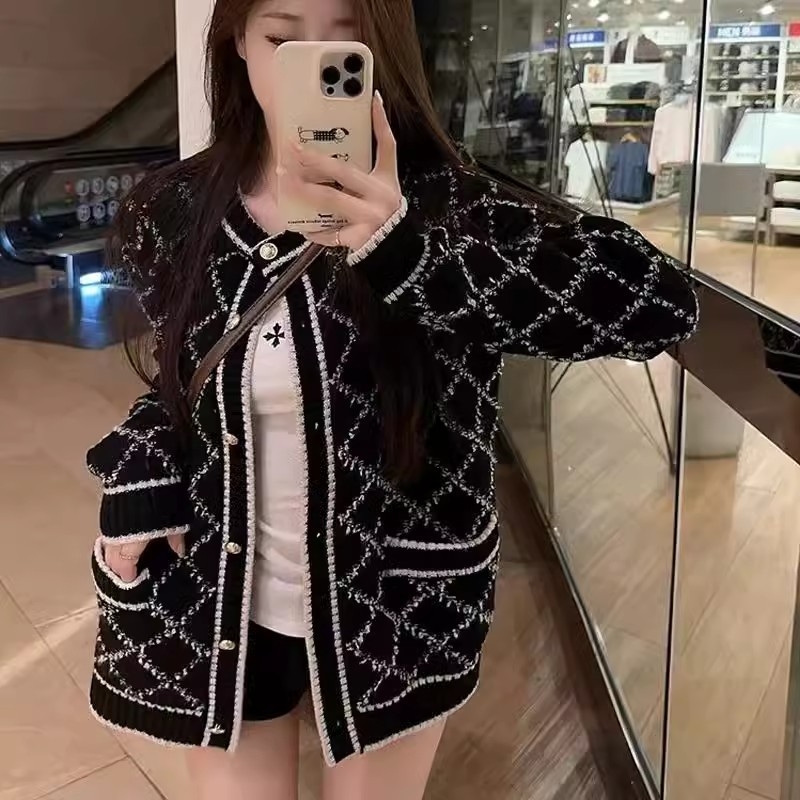 Kviltuotas cardigan su diamantiniu raštu, korėjietiško stiliaus megztinis, akriliniai pluoštai, 95%+ sudėtis