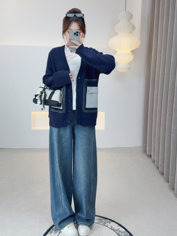 Megztas kardiganas su V kaklu, tankus mezginys, ilgos rankovės, akrilo-poliesterio mišinys ant Mianyang velvet audinio, Žiema 2025