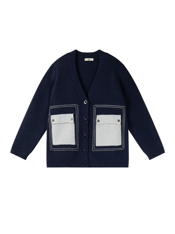 Love megztas kardiganas, V formos iškirptė, ilgos rankovės, storas mezginys, spalvų derinio raštas, Žiemos 2025, akrilo-poliesterio pluošto mišinys