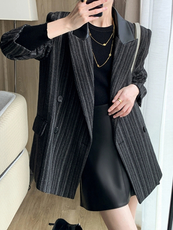 Blazer za plus veličine od poliestera, korejski stil, jesen-zima, srednja duljina, ovratnik sakoa, 95% poliester