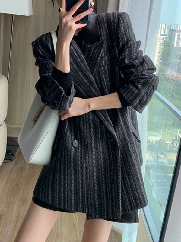 Blazer za plus veličine od poliestera, korejski stil, jesen-zima, srednja duljina, ovratnik sakoa, 95% poliester