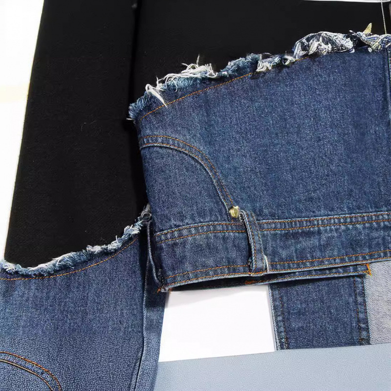 Ženska jakna od pamuka s patchwork denimom, širokog kroja, kapuljača, okrugli ovratnik, dugi rukavi, proljeće 2025