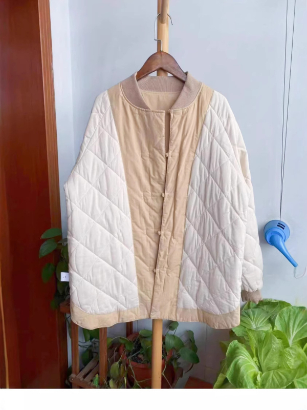 Ženska pamučna prešita jakna s quilt dizajnom, dugi rukav, stojeći ovratnik, srednja duljina, labav kroj, punjenje: imitacija svile