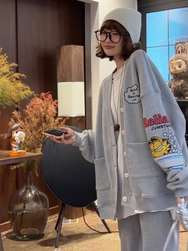 Mikina od fleece s anime motivom, kardigan stil, slobodan kroj, dugi rukavi, V-izrez