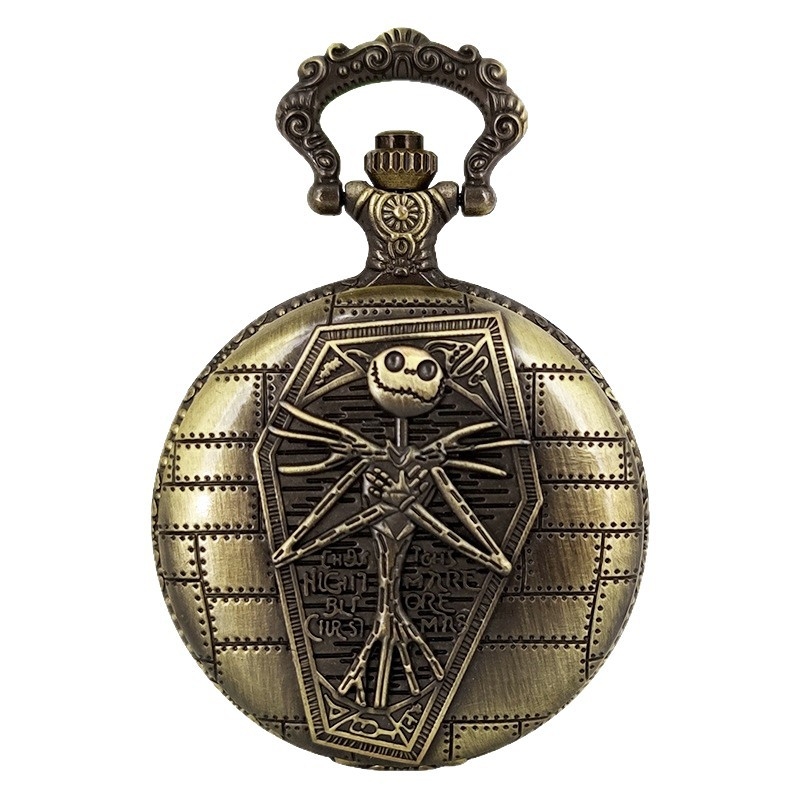 Ceas pendant decorativ cu temă craniu-mumie, capac flip retro, cuarț, carcasă din aliaj de zinc, oglindă din plastic, timp mondial, imprimare logo disponibil