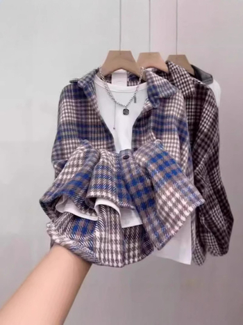 Jachetă-cămașă în stil cardigan, model în carouri, amestec bumbac-poliester, guler polo, croială lejeră