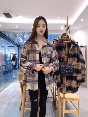 Jachetă-cămașă în stil cardigan, model în carouri, amestec bumbac-poliester, guler polo, croială lejeră