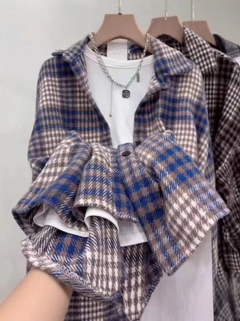 Jachetă-cămașă în stil cardigan, model în carouri, amestec bumbac-poliester, guler polo, croială lejeră