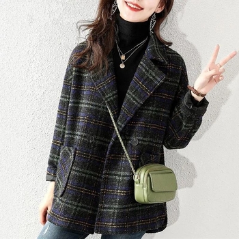 Vuneni karirani kaput s krznenim ovratnikom, kratka duljina 40–50 cm, dugi rukavi, poliester, japansko-korejski casual stil, zima 2025