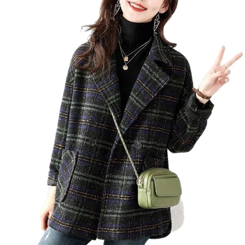 Vuneni karirani kaput s krznenim ovratnikom, kratka duljina 40–50 cm, dugi rukavi, poliester, japansko-korejski casual stil, zima 2025