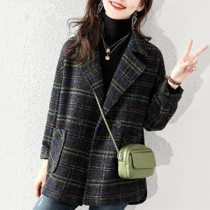 Vuneni karirani kaput s krznenim ovratnikom, kratka duljina 40–50 cm, dugi rukavi, poliester, japansko-korejski casual stil, zima 2025