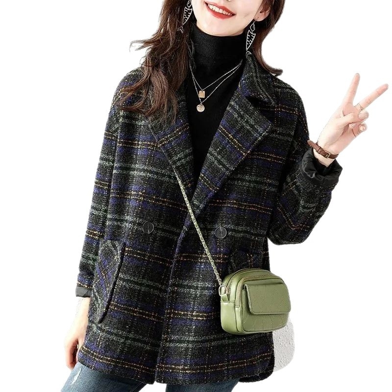 Vuneni karirani kaput s krznenim ovratnikom, kratka duljina 40–50 cm, dugi rukavi, poliester, japansko-korejski casual stil, zima 2025