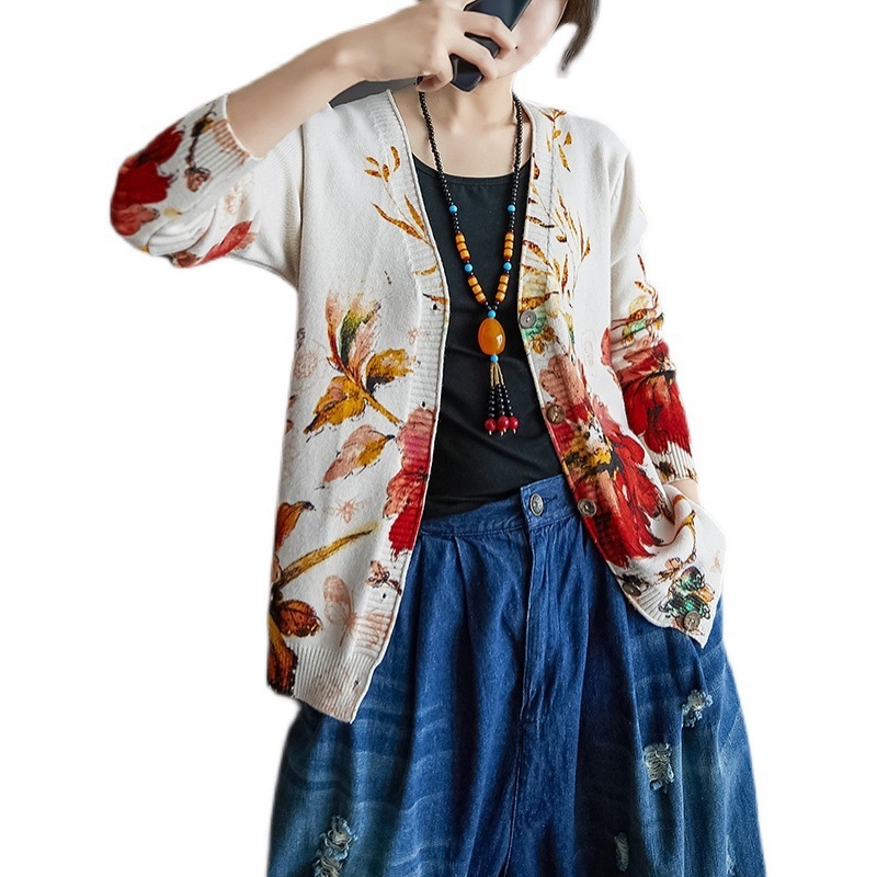 Ženski vintage pleteni kardigan za proljeće i jesen, slobodan kroj, V izrez, dugi rukavi, dizajn u blok bojama, plus veličina