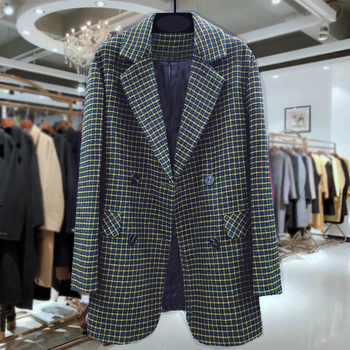 Žensko sako kariranog uzorka, materijal imitacijske vune, poliester 80–90%, street hipster stil, dugi rukavi