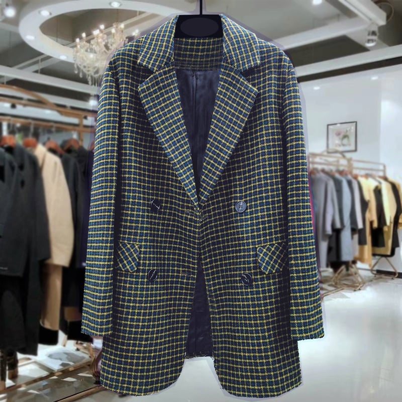 Žensko sako kariranog uzorka, materijal imitacijske vune, poliester 80–90%, street hipster stil, dugi rukavi