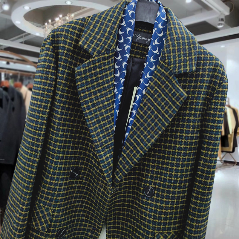 Žensko sako kariranog uzorka, materijal imitacijske vune, poliester 80–90%, street hipster stil, dugi rukavi