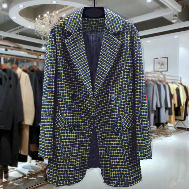 Žensko sako kariranog uzorka, materijal imitacijske vune, poliester 80–90%, street hipster stil, dugi rukavi