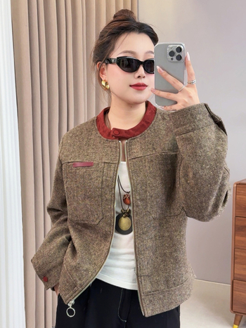 Jachetă cu model în culori compatibile, guler rotund, mâneci lungi, fermoar, grosime medie — Toamna 2025, casual pentru femei