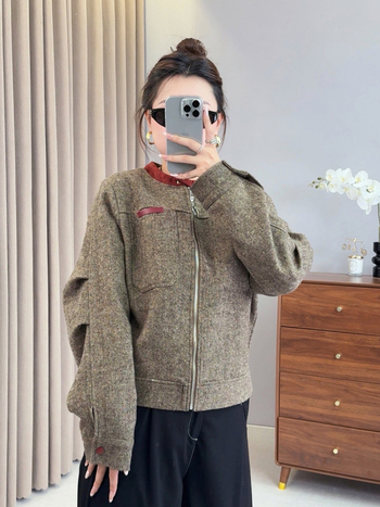 Jachetă cu model în culori compatibile, guler rotund, mâneci lungi, fermoar, grosime medie — Toamna 2025, casual pentru femei