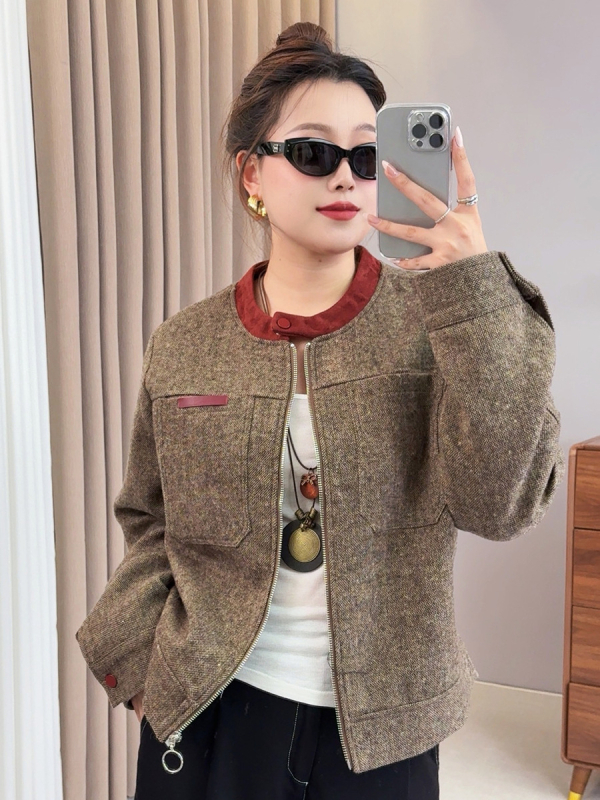 Jachetă cu model în culori compatibile, guler rotund, mâneci lungi, fermoar, grosime medie — Toamna 2025, casual pentru femei