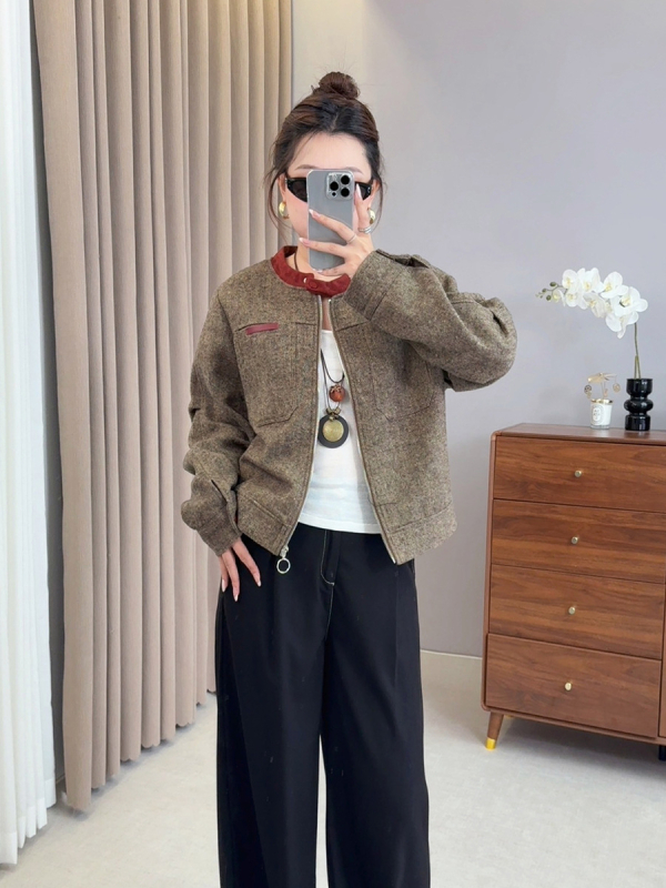 Jachetă cu model în culori compatibile, guler rotund, mâneci lungi, fermoar, grosime medie — Toamna 2025, casual pentru femei