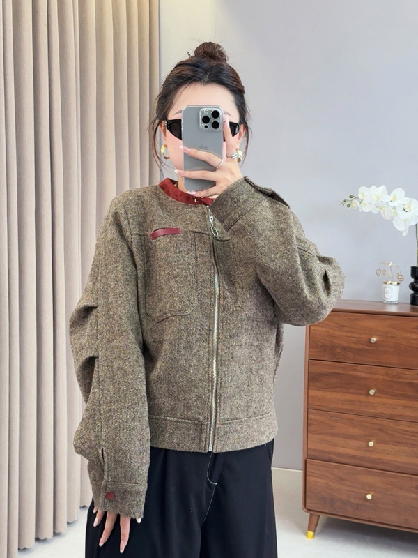 Jachetă cu model în culori compatibile, guler rotund, mâneci lungi, fermoar, grosime medie — Toamna 2025, casual pentru femei