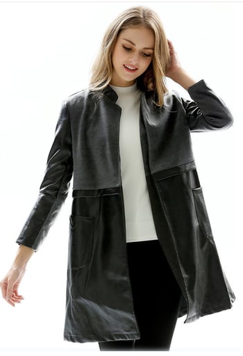 PU kožna jakna, slim fit, srednja duljina, stojeći ovratnik, dugi rukavi