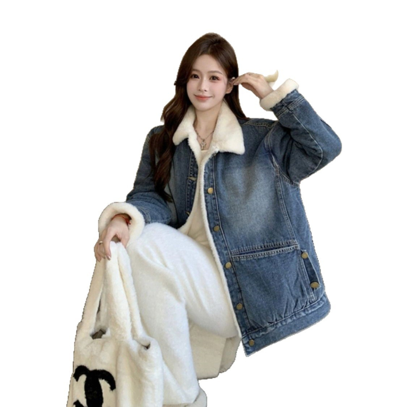 Ženska traper jakna s fleeks podstavom, debela i topla, isprani denim, ležerni oversize kroj, korejski stil
