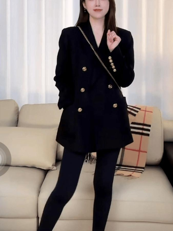 Moteriškas kostiumo švarkas su dvigubu užsegimu — Poliesteris, 2025 rudens–žiema, Elegantiškas biuro stilius, Ilgomis rankovėmis, vidutinio ilgio