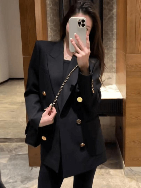 Moteriškas kostiumo švarkas su dvigubu užsegimu — Poliesteris, 2025 rudens–žiema, Elegantiškas biuro stilius, Ilgomis rankovėmis, vidutinio ilgio