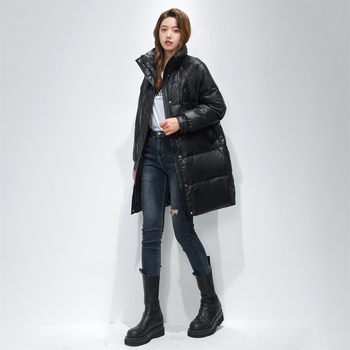 Γυναικείο μπουφάν μεσαίου μήκους από πουπουλένιο, χαλαρή γραμμή, στάσιμος γιακάς, πλήρωση από λευκό πάπιας πούπουλα 101–200 g, πολυεστερικό ύφασμα