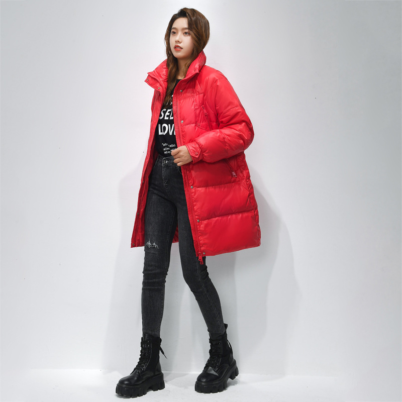 Γυναικείο μπουφάν μεσαίου μήκους από πουπουλένιο, χαλαρή γραμμή, στάσιμος γιακάς, πλήρωση από λευκό πάπιας πούπουλα 101–200 g, πολυεστερικό ύφασμα