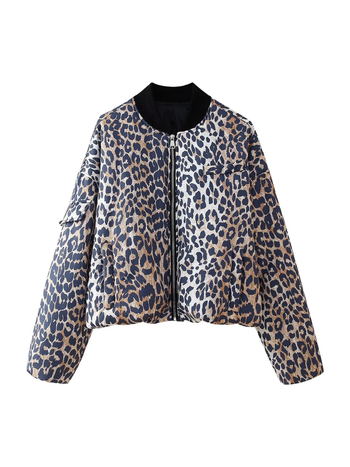 Ženska bomber jakna s leopard uzorkom – abstraktan uzorak; punjenje: poliester-pamuk; tkanina: poliester; V-izrez s zatvaračem; slobodan kroj.