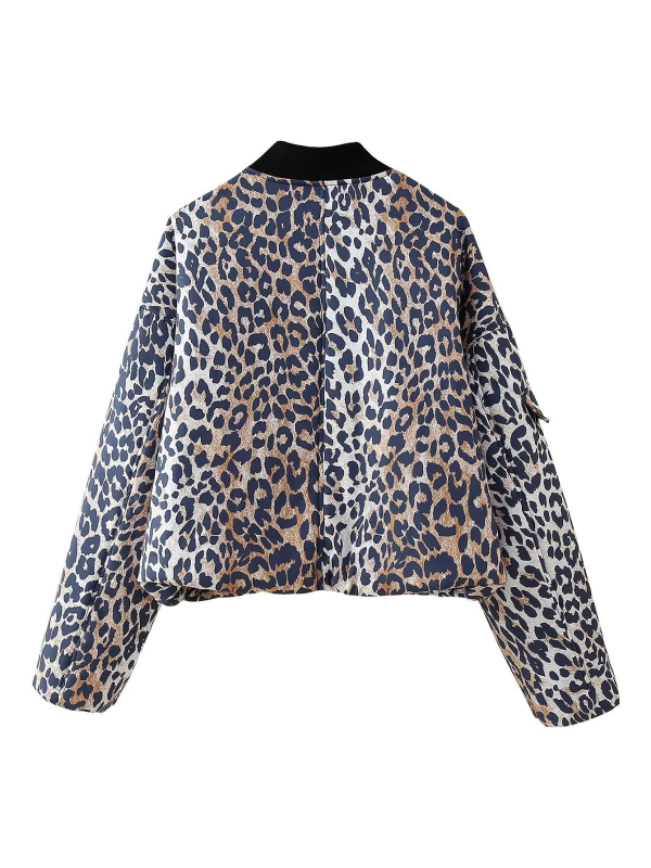 Ženska bomber jakna s leopard uzorkom – abstraktan uzorak; punjenje: poliester-pamuk; tkanina: poliester; V-izrez s zatvaračem; slobodan kroj.