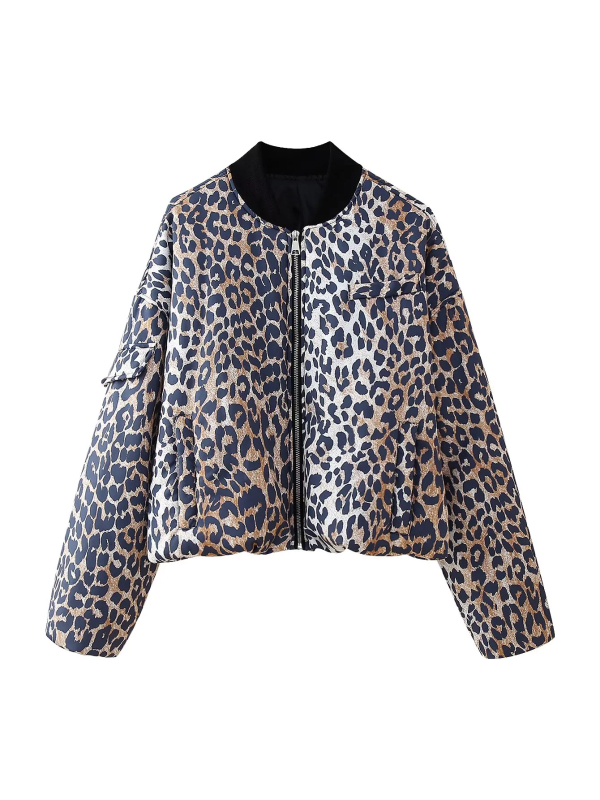 Ženska bomber jakna s leopard uzorkom – abstraktan uzorak; punjenje: poliester-pamuk; tkanina: poliester; V-izrez s zatvaračem; slobodan kroj.