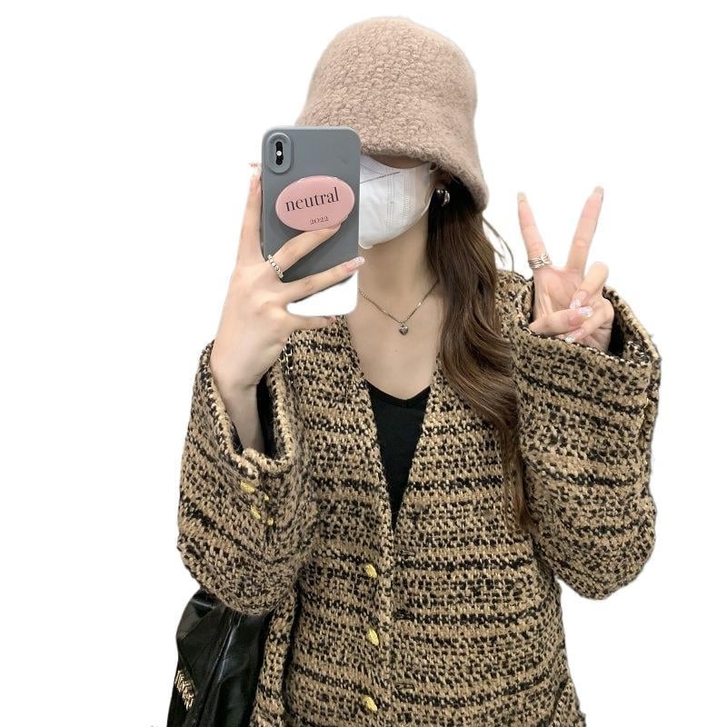 Ženska pletena jakna s V-izrezom, plus veličina, floralni uzorak, retro stil, jesen 2025, elegantan dojam
