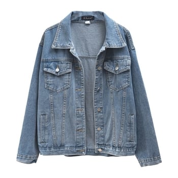 Dámska rifľová bunda voľného strihu, golier s reverom, dlhé rukávy, stredná dĺžka 50–65 cm, jar 2025 vydanie, zmes bavlny-denim