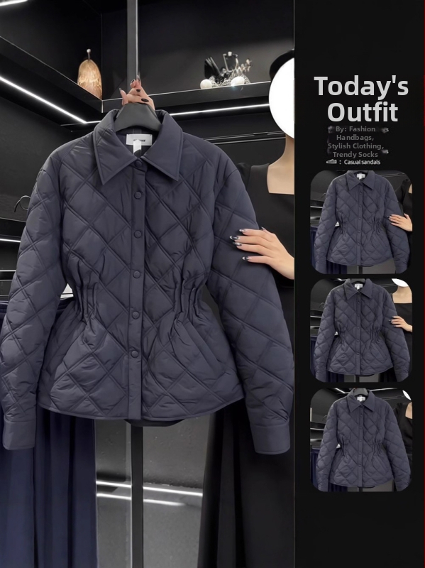 Dámska kabát s výplňou z bavlny, prešívaný vzor diamantov, golier polo, zips, voľný strih, polyesterová tkanina
