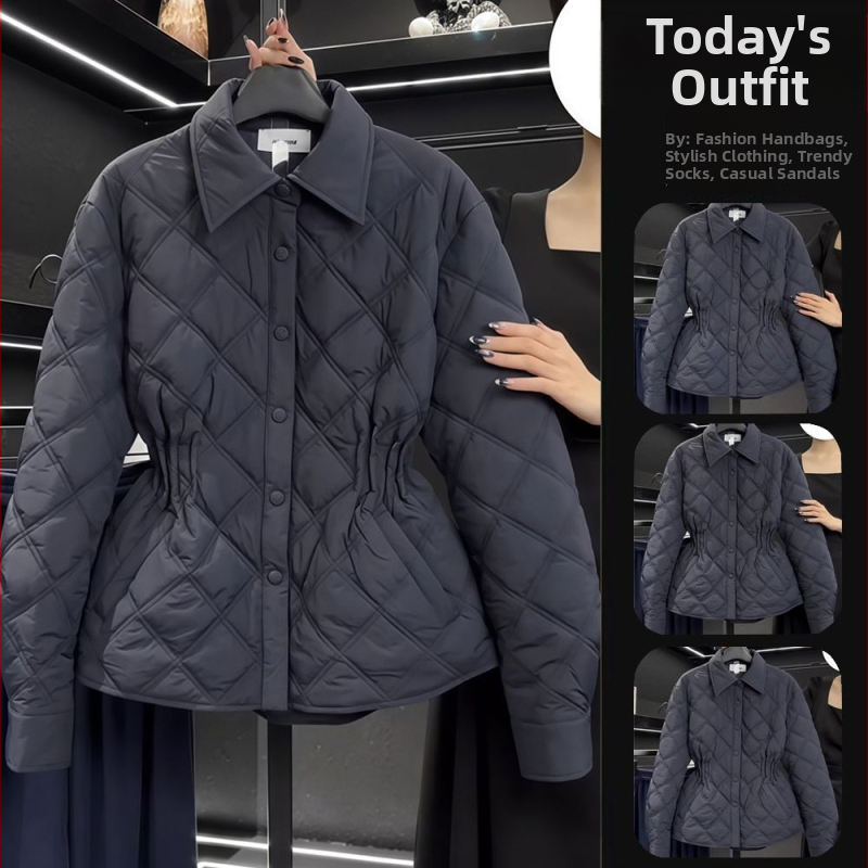 Dámska kabát s výplňou z bavlny, prešívaný vzor diamantov, golier polo, zips, voľný strih, polyesterová tkanina