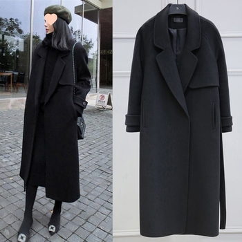 Crni ženski kaput iznad koljena, slobodan kroj, učinak mršavljenja, Hepburn stil