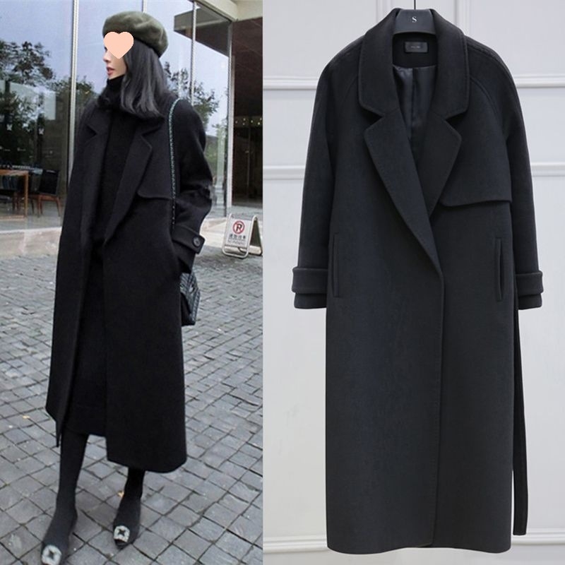 Crni ženski kaput iznad koljena, slobodan kroj, učinak mršavljenja, Hepburn stil
