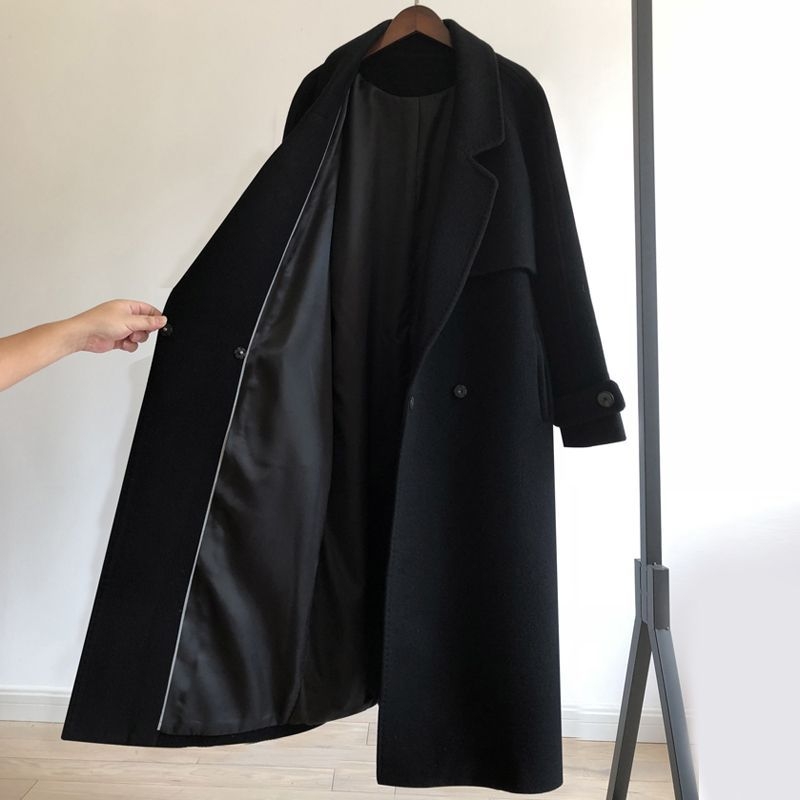 Crni ženski kaput iznad koljena, slobodan kroj, učinak mršavljenja, Hepburn stil