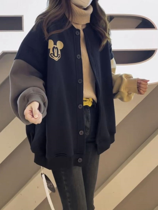 Ženska plus-size baseball jakna s flis podstavom, slobodan kroj, polo ovratnik, dugi rukavi, smjesa spandeksa, duljina 50–65 cm